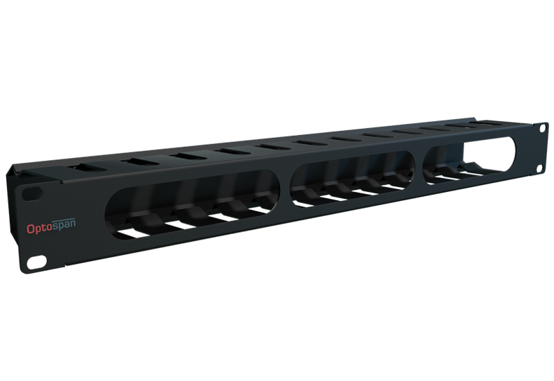 1U Horizontal Cable Management Panel (Black Metal). Front view