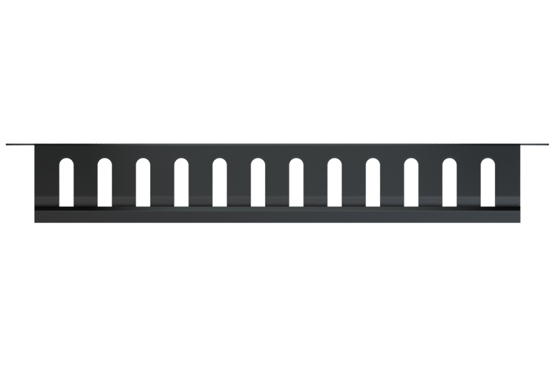 1U Horizontal Cable Management Panel (Black Metal). Front panel view